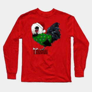 Black Polish Rooster In An Ugly Christmas Sweater And Santa Hat With Gift Long Sleeve T-Shirt